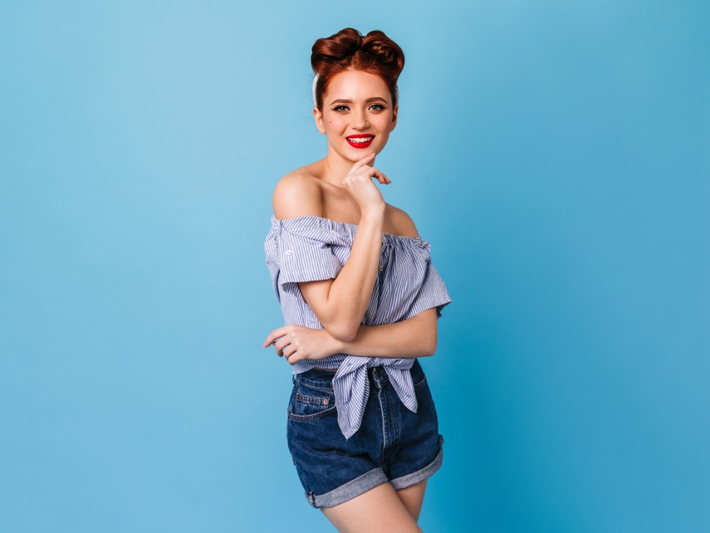 Charming Female Model Trendy Blouse Looking Camera Well Dressed Pinup Girl Standing Blue Space