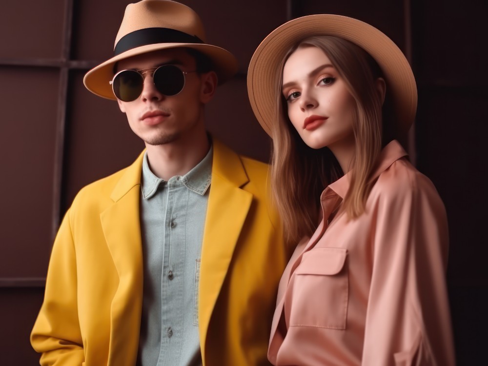 Man Woman Yellow Jacket Stand Front Wall Woman Hat Sunglasses