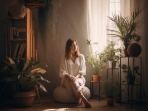 Woman Sits Round Cushion Dark Room With Plants Windowsill 300x225