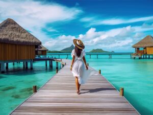 Woman Walks Pier Bora Bora French Polynesia 300x225