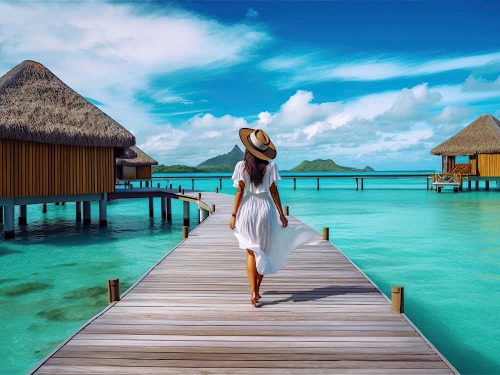 Woman Walks Pier Bora Bora French Polynesia