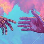 synthetic, organic, handshake, future, human, robot, connection, cybernetic, flesh, duality, existence, nature, embrace, technology, humanity, futuristic, unity, man, machine, art, conceptual, pink, clouds, design, drawing, concept, ai generated