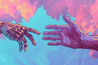 synthetic, organic, handshake, future, human, robot, connection, cybernetic, flesh, duality, existence, nature, embrace, technology, humanity, futuristic, unity, man, machine, art, conceptual, pink, clouds, design, drawing, concept, ai generated