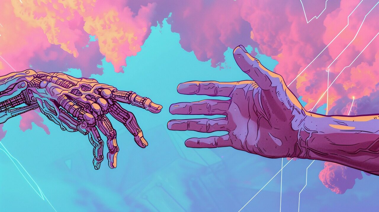 synthetic, organic, handshake, future, human, robot, connection, cybernetic, flesh, duality, existence, nature, embrace, technology, humanity, futuristic, unity, man, machine, art, conceptual, pink, clouds, design, drawing, concept, ai generated
