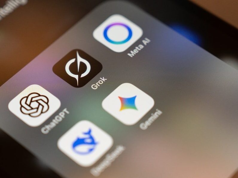 Smartphone screen displays ai app icons: chatgpt, grok, meta ai, gemini.